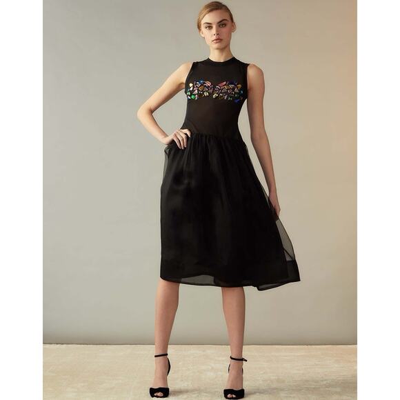 NWT Cynthia Rowley Express Yourself Organza Black Gems Black Midi Dress Silk 8 - Picture 1 of 6